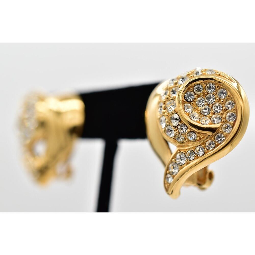 Givenchy Vintage Crystal Heart Clip On Earrings Gold Chunky Signed 1980s BinAZ - Picture 2 of 12